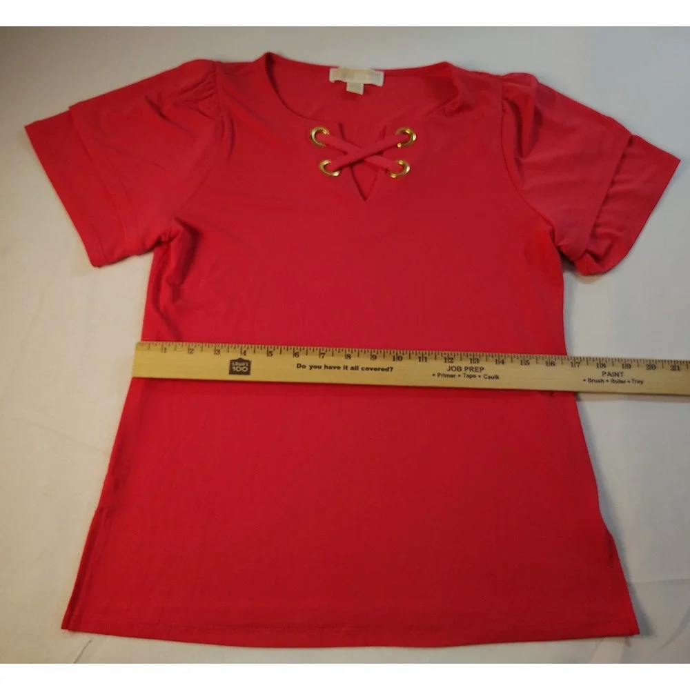 MICHAEL KORS Coral Red Grommet Lace Up V-Neck Short Sleeve Puff Top Boho Chic S